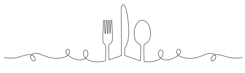 art of a continuous line drawing of a spoon, knife, and fork. this icon is for a restaurant logo sticker or banner