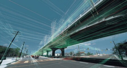 Abstract Cityscape Elevated Highway and Street View with Data Overlay