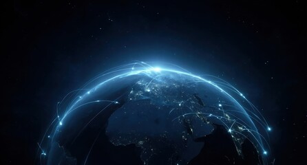 Global Network Connections Illuminated Earth with Bright Blue Lines Representing Data Transfer and Communication Across Continents