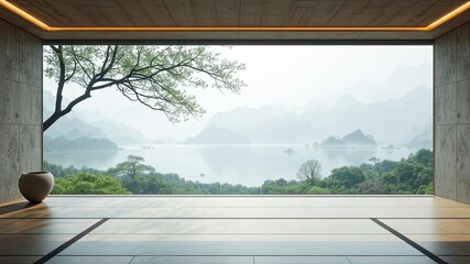 Misty Lake View Minimalist Meditation Room