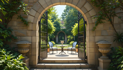 Fototapeta premium Garden view with arch, table and chair