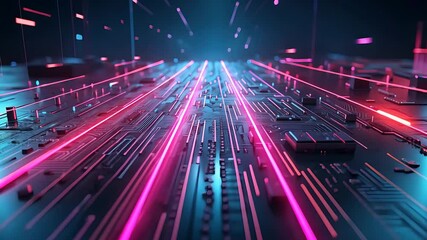 Glowing pink and blue light trails across futuristic circuit board in motion, depicting advanced digital data transfer and speed technology
- Powered by Adobe