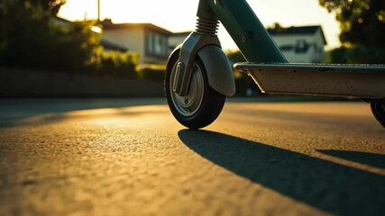 Scooter wheel close-up at golden hour on asphalt road with sunlight, outdoor mobility.