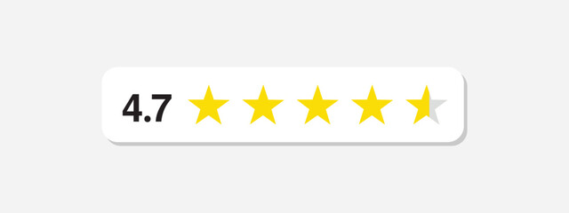Five stars rate icon. 4,7 stars customer product rating review flat icon. Customer review with five yellow stars. Service satisfaction, quality, good rate vector illustration