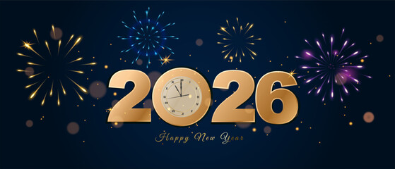 Fototapeta premium Golden 2026 New Year celebration with a clock showing midnight, surrounded by colorful fireworks on a dark blue background. Festive design symbolizing new beginnings, joy, and holiday spirit.