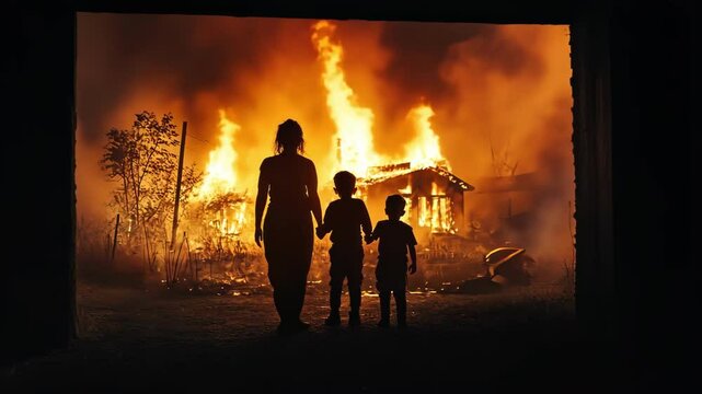Silhouette of a woman with two children watches a house fire in darkness.