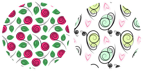 Hand Drawn Floral and butterflies Seamless Patterns on Circle Backgrounds Spring or Summer Backdrop