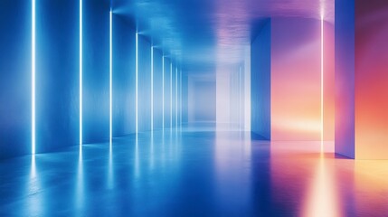 Abstract empty futuristic room with colorful neon glowing light lines hallway