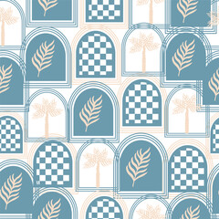 Mobile Summer  seamless pattern tropical  palm tree with checkered in arch modern vector summer  geometric print for wallpaper, textile design , repeat background .