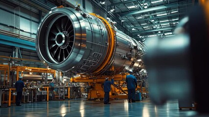 Workers in factory assembling jet engine, industry, manufacturing, technology, engineering, assembly line, mechanics. - Powered by Adobe
