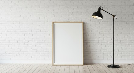 Minimalist interior with blank frame mockup against white brick wall and wooden floor