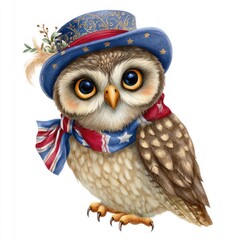 A patriotic owl wearing a stylish hat and scarf in red, white, and blue.
