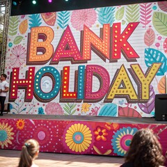 "Vibrant Bank Holiday Festival – Colorful Stage Backdrop with Floral Patterns & Celebratory Atmosphere"