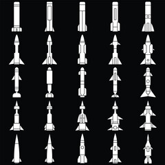Set of black military attack missile vector illustration. Atomic bomb icon. Nuclear rocket missile icon illustration