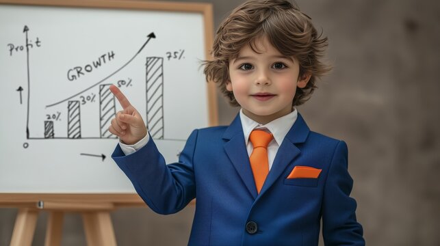 Smart Young Boy in Blue Suit and Orange Tie Presenting Growth Chart on Whiteboard