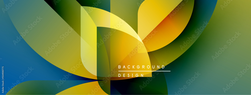 Poster abstract geometric shapes blend vibrant colors. modern design features flowing curves, gradients, dy