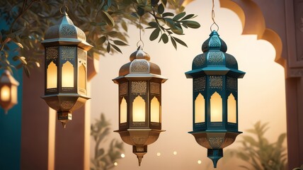 Enchanting Arabian Lanterns Hanging from a Tree at Night