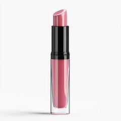 A mauve lipstick in a clear square tube with a black top, partially twisted up, shown against a white background