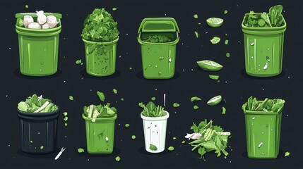 flat vector icon set of organic waste energy conversion process, including food scraps, compost bin, biogas digester, electricity, green energy theme