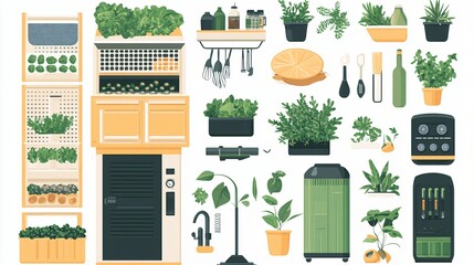 flat vector icon set of organic waste energy conversion process, including food scraps, compost bin, biogas digester, electricity, green energy theme