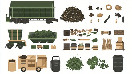 flat vector icon set of organic waste energy conversion process, including food scraps, compost bin, biogas digester, electricity, green energy theme