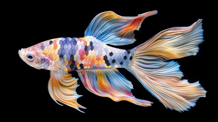 Fototapeta premium Colorful tropical fish with vibrant scales and flowing fins swimming on dark background. Bright patterns and striking colors showcase beauty and elegance of marine life