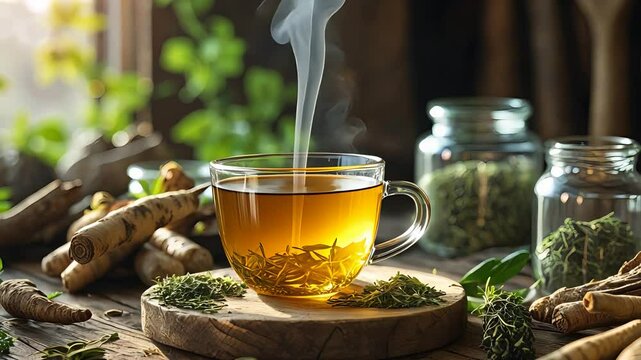 Glass cup of steaming herbal tea with dried leaves, fresh roots, and jars on rustic wooden table in cozy natural setting with sunlight

