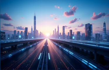 Fototapeta premium Modern Cityscape at Dusk with Highways