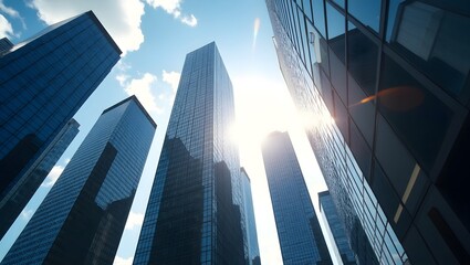 Business and Financial Skyscraper Buildings in Modern City with Blue Sky and Lens Flare Generated by AI
