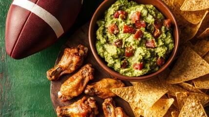 Delicious game day spread featuring guacamole, chicken wings, and nachos with soccer and rugby balls in vibrant background