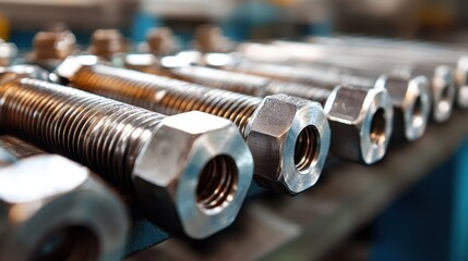 Close-up view of metal bolts and nuts arranged neatly in a manufacturing facility highlighting precision engineering and industrial design