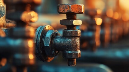 Close-up view of industrial hardware showcasing a metallic valve in a manufacturing environment with warm lighting highlighting its texture and details