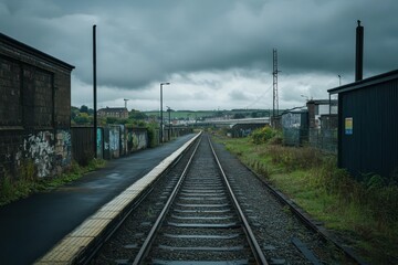 Fototapeta premium A railway track stretches into the distance under a cloudy sky with buildings on either side of the track