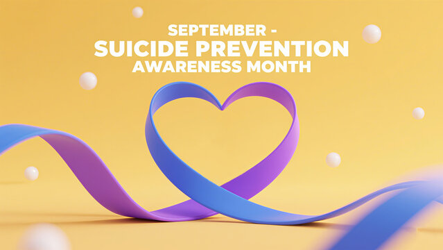 The purple and blue ribbons form a heart-shaped design, representing love and care. It gathers love and care during the September Suicide Prevention Month, safeguarding mental health.