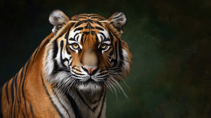 Obraz premium Striking close-up portrait of a majestic tiger with intense eyes set against a dark blurred background in a serene moment