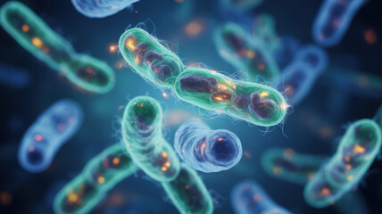 Obraz premium Glowing gut bacteria in microscope view, symbolizing the link between probiotics and mental health.