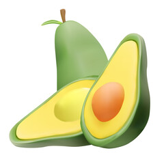 Vector 3D illustration of fresh avocado: a whole fruit and two halves - one with a pit, the other with a notch from it