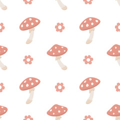 Seamless pattern with red mushrooms and flowers