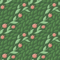 Seamless pattern with red tulips and leaves