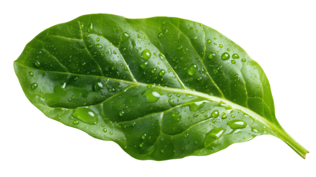 Close-up of single baby spinach leaf with high detail on white background – perfect for healthy food art, nutrition visuals, and botanical illustrations