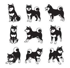 Shiba Inu Dog Silhouettes Vector Set &ndash; Black Pet Illustrations in Various Poses