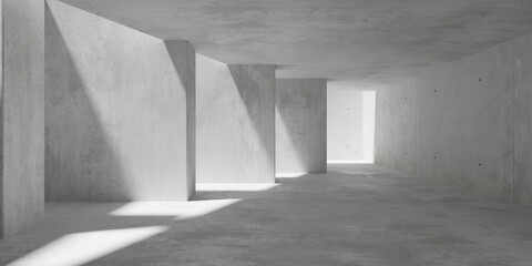 Abstract empty, modern concrete room with diagonal offset row of pillars, sunlight and rough floor - industrial interior background template