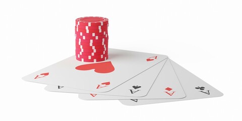 Stack of red casino chips or tokens with four aces playing cards over white background