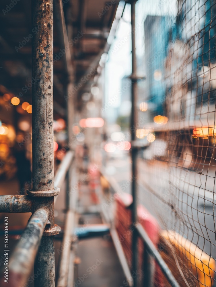 Aufkleber urban street covered in scaffolding and netting with blurred background of buildings and city activi