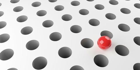 Red sphere or ball on background with lots of holes, risk or business management concept