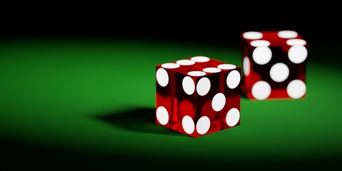 Two red casino dice with white dots laying on green felt table background, gambling or luck concept, selective focus