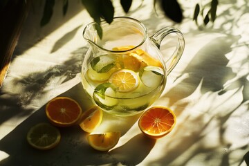 Freshly squeezed citrus juice with vibrant fruits in a sunlight drenched setting