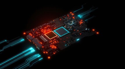 Obraz premium Illuminated circuit board with two processors and glowing blue lines on a dark background