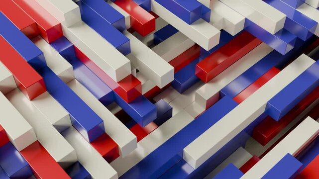 abstract modern background in red, white, blue with moving rectangle shapes. 3D animated concept, 4K