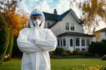 Professional in full protective suit and respirator mask standing confidently outdoors near residential building. Concept of safety, decontamination, biohazard protection, or pest control. Banner